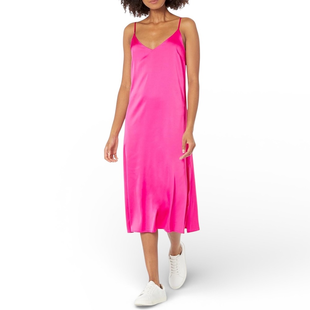 The Drop Ana Slip Dress‎ Hot Pink Satin Midi V Neck Spaghetti Straps Size S